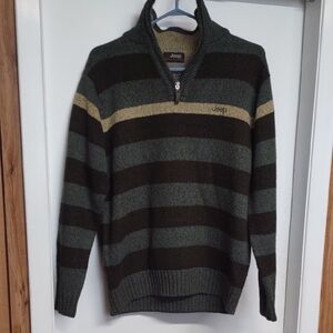 Jeep Men's Olive & Dark Brown Striped Half-Zip Sweater